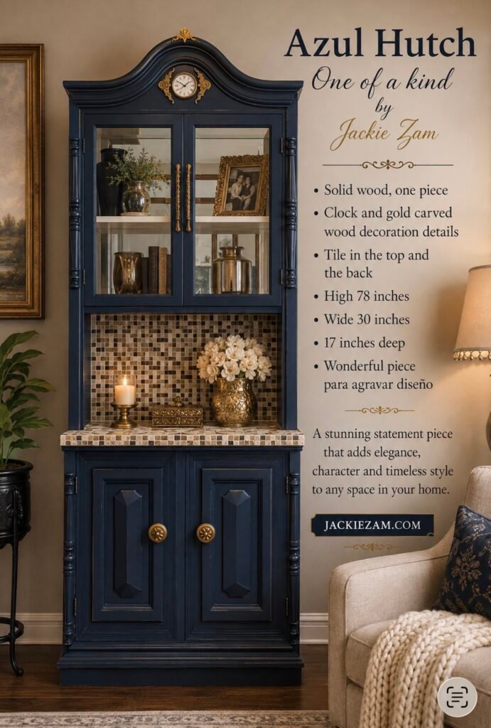 Blue One of a kind Hutch Solid Wood and Tile by Jackie Zam Art and Design