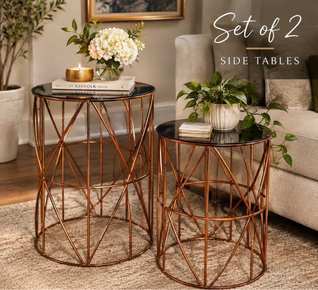 accent round glass and Cooper tables