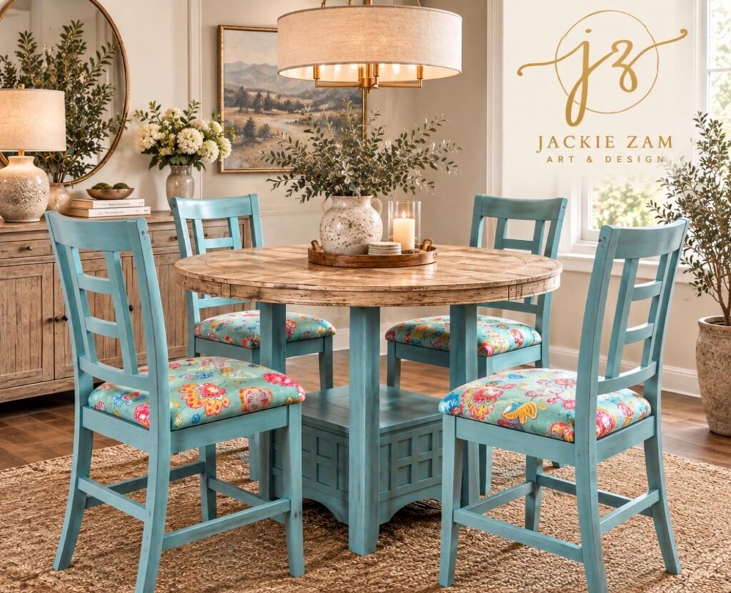 Fresh Solid Wood Dining Set with Flowers By Jackie Zam ART & DESIGN